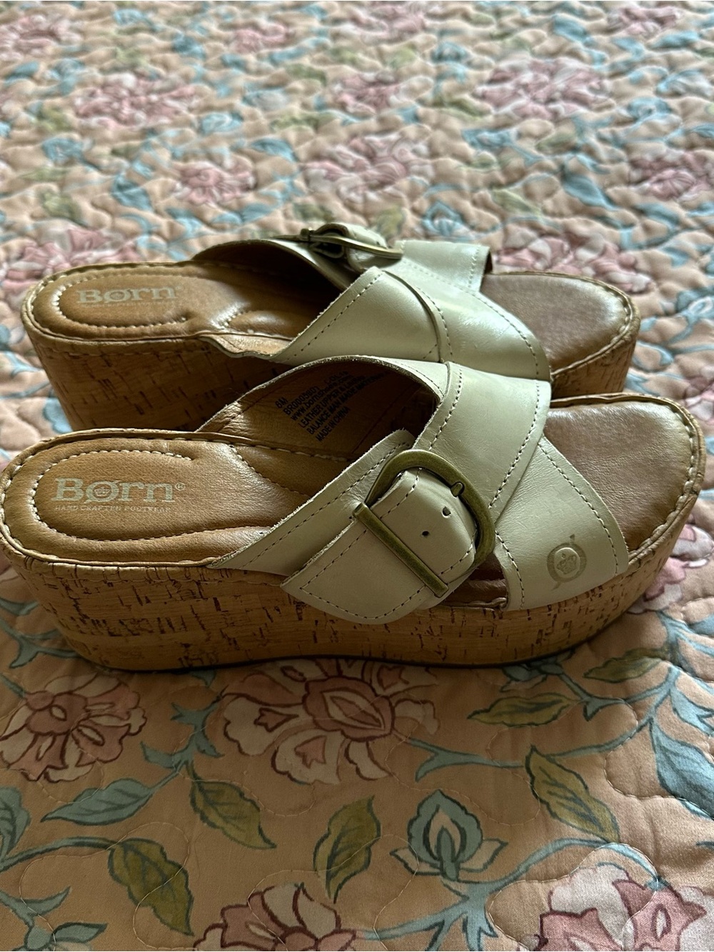 Born Cream Leather Cork Womens Platform Sandals